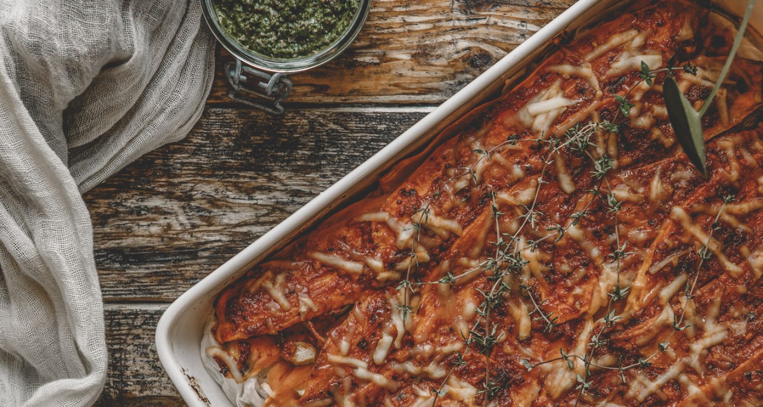 Zoete aardappellasagne met mahumara, pecorino